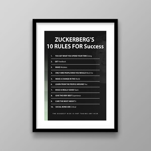 Może przedstawiać: Czarno-biały plakat motywacyjny z tekstem "Zuckerberg's 10 Rules for Success" i listą 10 zasad sukcesu, w tym "Dostajesz to, na co poświęcasz swój czas", "Zdobądź informacje zwrotne", "Popełnij błędy", "Zatrudnij tylko osoby, z którymi chciałbyś pracować", "Zmień świat", "Ucz się od ludzi wokół siebie", "Zbuduj naprawdę dobry zespół", "Zapewnij najlepsze doświadczenie", "Najbardziej troszcz się o to", i "Społeczne więzi są kluczowe". Plakat zawiera również tekst "Największym ryzykiem jest niepodejmowanie żadnego ryzyka".