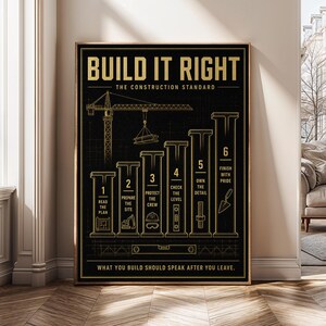 May include: A black poster with gold text and graphics titled BUILD IT RIGHT THE CONSTRUCTION STANDARD. It features a crane and six numbered pillars representing construction steps, ending with the text WHAT YOU BUILD SHOULD SPEAK AFTER YOU LEAVE.