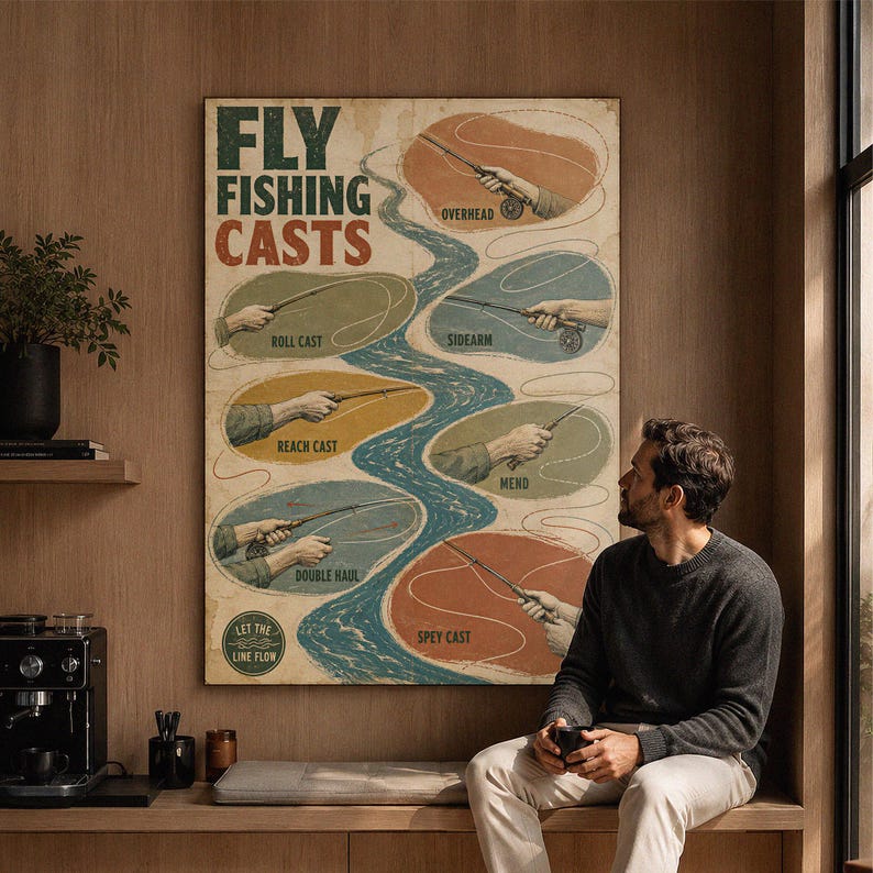 May include: A vertical wall poster titled FLY FISHING CASTS featuring a central blue river graphic surrounded by six oval illustrations of fishing rod techniques including overhead, roll cast, sidearm, reach cast, mend, double haul, and spey cast.