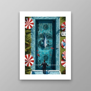 Transform your space with our Financial Freedom Wall Art. This striking printable poster or digital print features a daring investor standing beside a Money Swimming Pool, complete with 100 dollar bills and a shark circling, symbolizing the thrilling