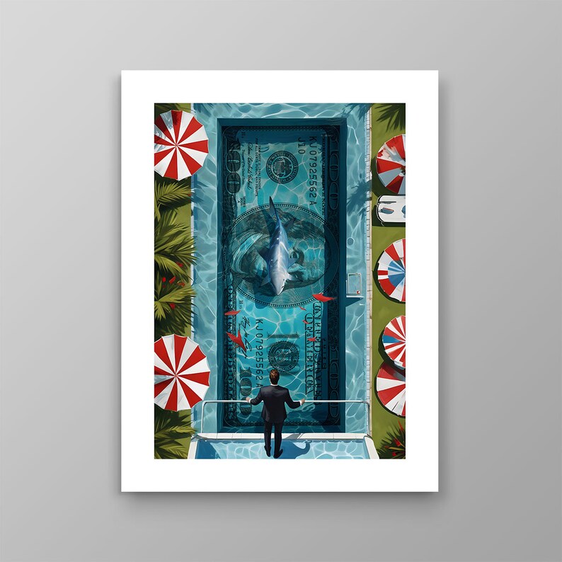 Transform your space with our Financial Freedom Wall Art. This striking printable poster or digital print features a daring investor standing beside a Money Swimming Pool, complete with 100 dollar bills and a shark circling, symbolizing the thrilling