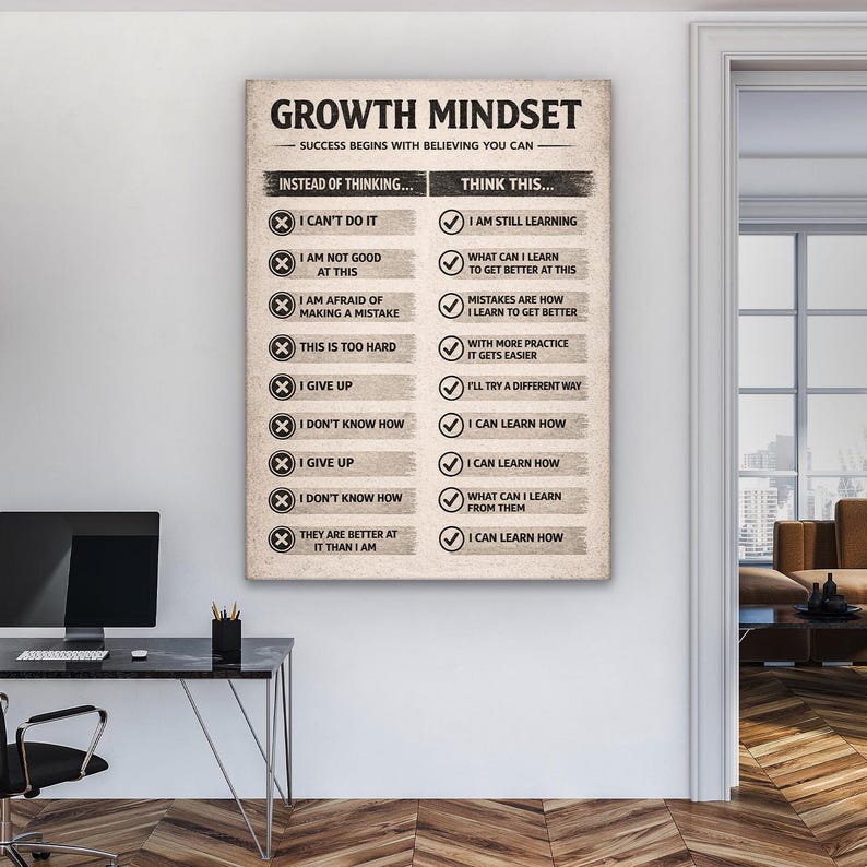 Pode incluir: Um cartaz motivacional com a frase "GROWTH MINDSET". O cartaz contrasta pensamentos negativos com afirma&ccedil;&otilde;es positivas. O texto &eacute; preto sobre um fundo bege, com marcas de verifica&ccedil;&atilde;o e cruzes. O cartaz &eacute; exibido em uma sala com uma mesa e um computador.