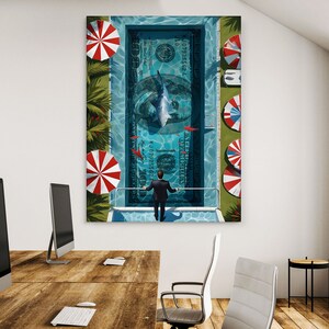 Transform your space with our Financial Freedom Wall Art. This striking printable poster or digital print features a daring investor standing beside a Money Swimming Pool, complete with 100 dollar bills and a shark circling, symbolizing the thrilling