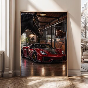 Red Supercar Wall Art, Equestrian Luxury Decor, Horse Stable Print, Masculine Garage Poster, Exotic Car Digital Download - SH556C