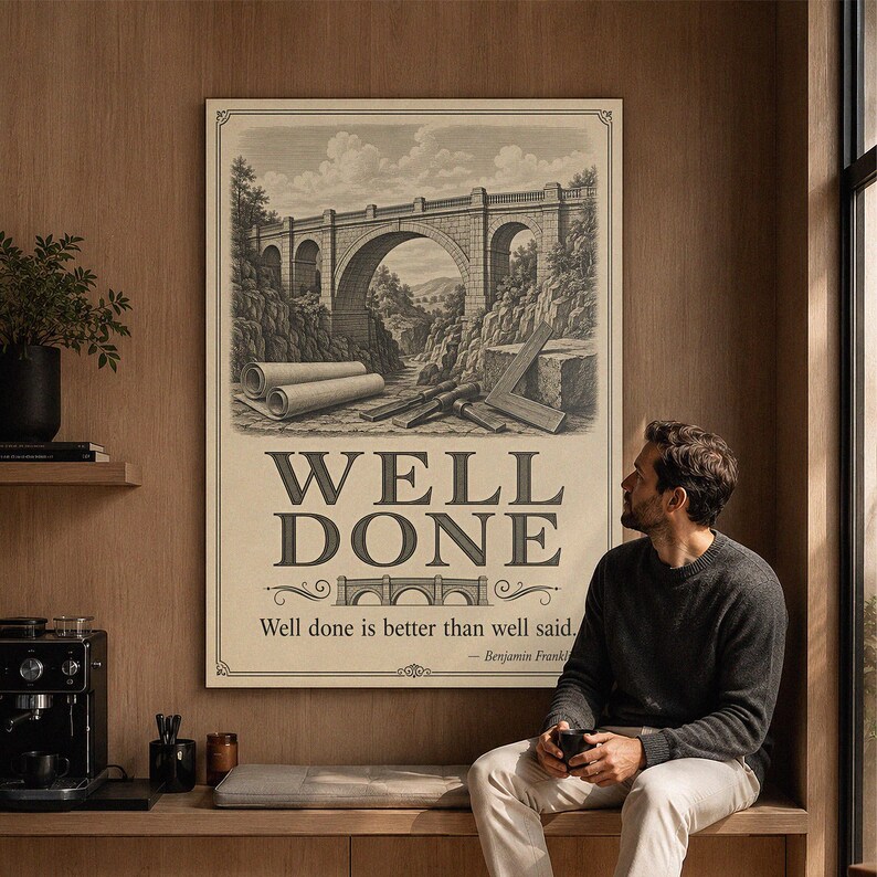 May include: A rectangular wall poster featuring a sepia-toned illustration of a stone arch bridge, architectural scrolls, and tools. The text reads WELL DONE and Well done is better than well said. &mdash; Benjamin Franklin, framed by a decorative border.