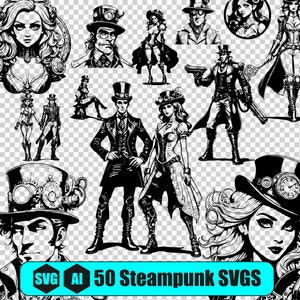 50 pakietów Steampunk SVG, mężczyźni Steampunk, Streampunk SVG do grawerowania laserowego, laser, grawerowanie, fajne SVG