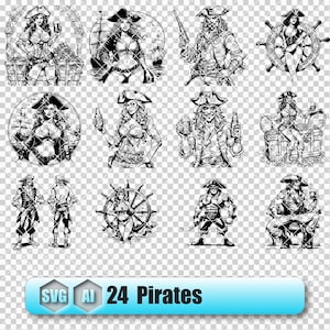 May include: A set of 24 black and white illustrations of pirates, including male and female pirates, holding swords, guns, and bottles. Some pirates are sitting on treasure chests, while others are standing on ships or holding steering wheels.