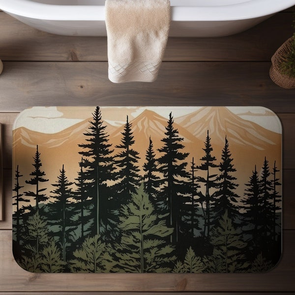 Pine Tree Forest in Front of Mountain Range Microfiber Bath Mat, Rustic Woodland Aesthetic, Outdoors Nature Lovers Gift, Cabin & Lodge Decor