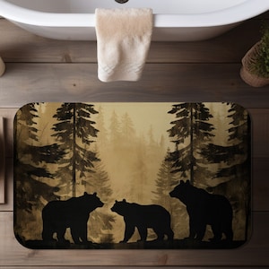 Silhouette Style Black Bear Memory Foam Microfiber Bath Mat, Rustic Woodland Aesthetic, Outdoors Nature Lovers Gift, Cabin & Lodge Decor