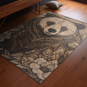 Wood Burned Style Bear Area Rug - 100% Polyester Chenille - Rustic Woodland Aesthetic - Outdoors Nature Lovers Gift - Three Sizes Available