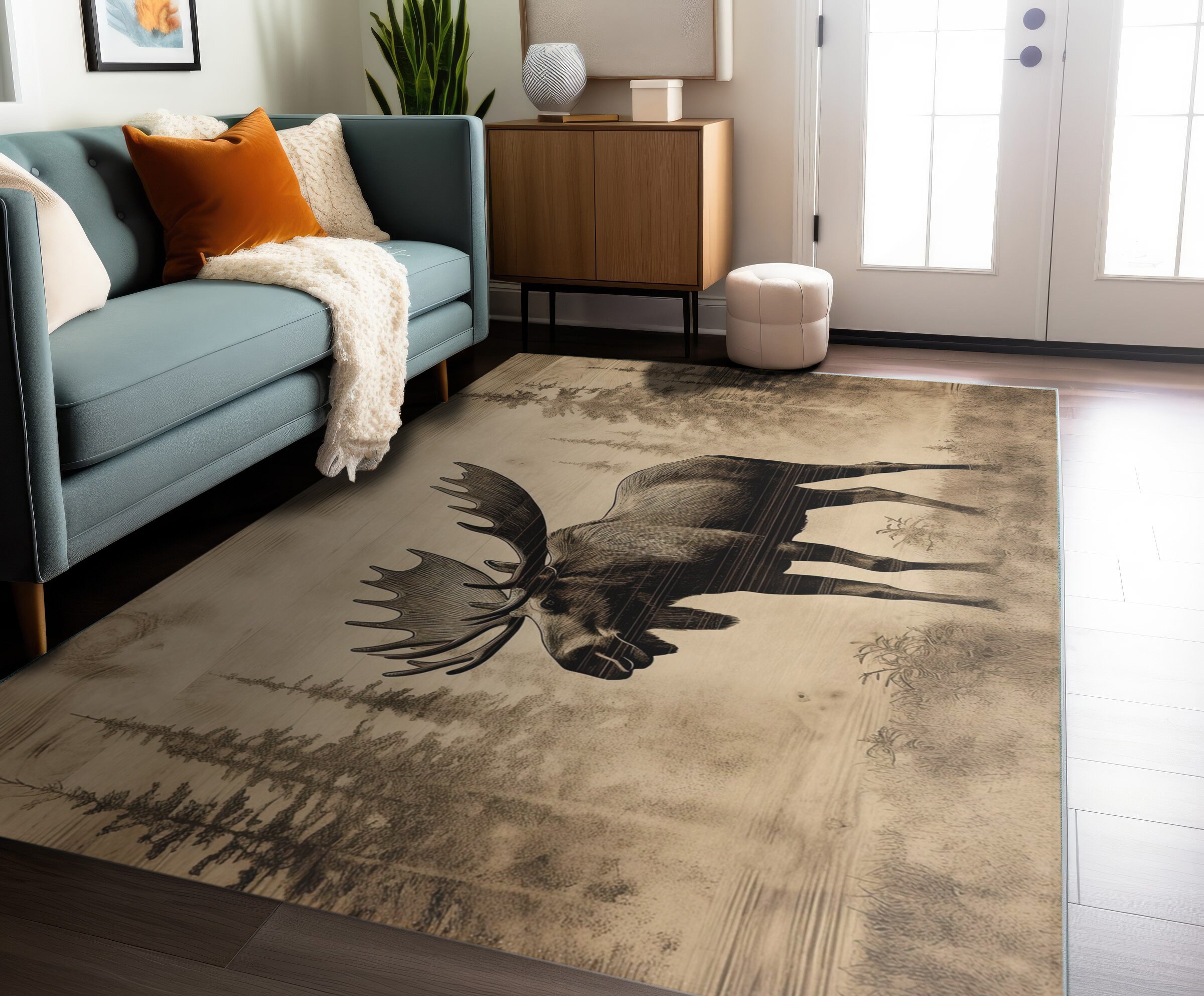 Wood Burned Style Moose Area Rug 100 Polyester Chenille Etsy