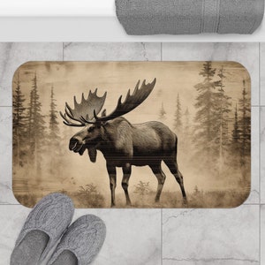 Wood Burned Style Moose Microfiber Bath Mat - Lodge Decor | Non-Slip Rug | Woodland Moose Nature Decor | Two Sizes Available | Cabin Decor