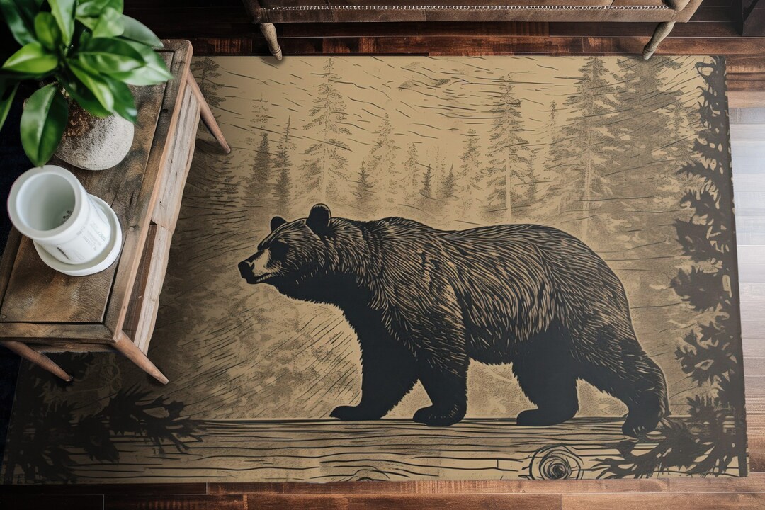 Wood Burned Style Black Bear Area Rug Polyester Chenille Etsy