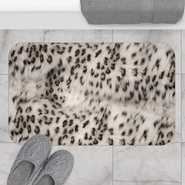 Snow Leopard Fur Print Microfiber Bath Mat - Cabin & Lodge Decor, Cat Lover Gift, Rustic Bathroom, Non-Slip Rug, Two Sizes Available