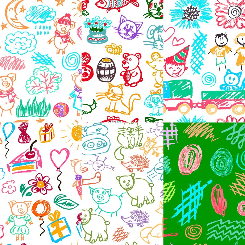 Hand Drawn Crayon Doodle Art Seamless Pattern Digital Paper Etsy
