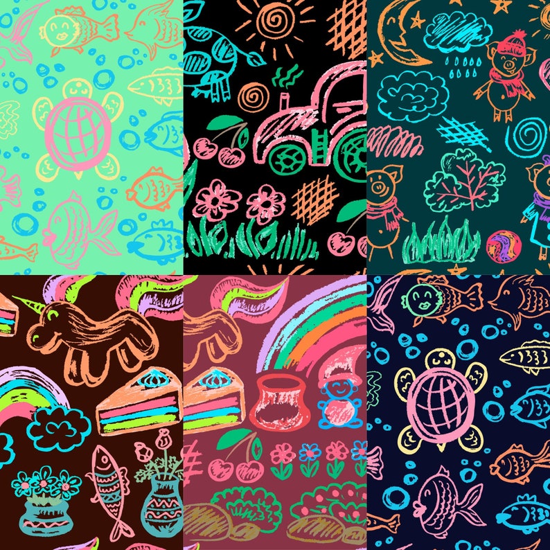 Hand Drawn Crayon Doodle Art Seamless Pattern Digital Paper Etsy