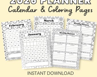 2026 Coloring Calendar and Planner, Weekly Planners, Monthly Calendar Pages plus Monthly Habit Tracker | Adult Coloring Printable Planner