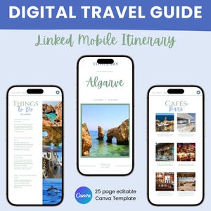 May include: A digital travel guide template for Algarve, Portugal. The template includes a linked mobile itinerary with sections for things to do, cafes and bars, and travel overview. The template is customizable and editable in Canva.
