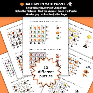 Puede incluir: Una colección de hojas de trabajo imprimibles de acertijos matemáticos de Halloween con cuadrículas e iconos espeluznantes como fantasmas, calabazas y dulces. Cada página incluye desafíos matemáticos para los grados 3-5, con 10 acertijos en total.