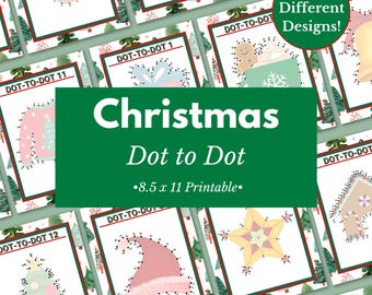 Puede incluir: Una colección de páginas imprimibles de unir los puntos con temática navideña. La imagen presenta 12 diseños diferentes, incluyendo un reno, un hombre de jengibre y un árbol de Navidad. El texto en la imagen dice "Christmas Dot to Dot - 8.5 x 11 Printable."