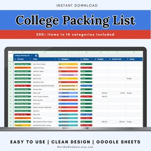Editable College Packing List Google Sheet, Spreadsheet, Dorm Packing List Tracker, College Move In Checklist, Moving Essentials Planner