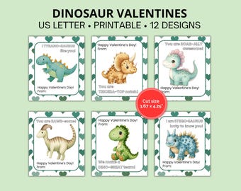 12 Dinosaur Valentine Cards for Kids, Cute Dino Valentines, Classroom Valentines Day Printable, Dinosaur Valentine Cards Printable