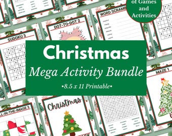 May include: A selection of Christmas activity sheets, including word searches, mazes, and Sudoku puzzles. The title "Christmas Mega Activity Bundle" is displayed. The pages are 21.59 x 27.94 cm and feature festive Christmas graphics.