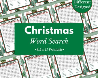 May include: A collection of Christmas-themed word search puzzles. The design features a green banner with the words "Christmas Word Search" and "8.5 x 11 Printable." The image also includes the text "12 Different Designs!"