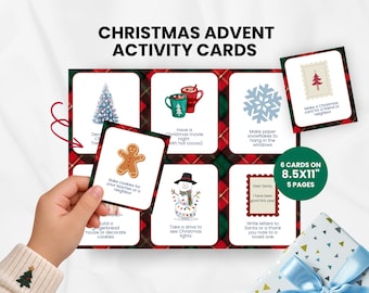 May include: Christmas Advent Activity Cards featuring a red, green, and black plaid background. The set includes 5 pages with 6 cards per 8.5x11 inch sheet, displaying illustrations of a Christmas tree, hot cocoa, snowflakes, a gingerbread man, a snowman, and Santa letters.