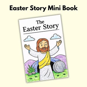 Op de afbeelding: Een miniboekje getiteld "Easter Story" met een kleurrijke illustratie van Jezus met open armen, een graf en wolken. De cover toont de titel in vette zwarte letters. De achtergrond is lichtgeel.