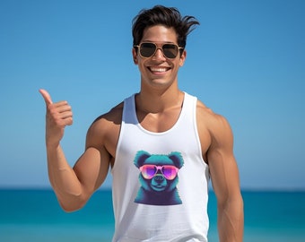 Bear Tank Top Gift for Him Men's Tank Top White Tank Top Breathable Fit Graphic Tank Tops Workout Shirts Men's Festival Clothing Beach Tank