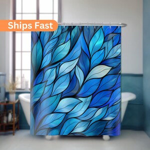 Blue Stained Glass Shower Curtain Petal Pattern Bathroom Decor Premium Water Resistant Accessory