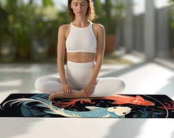 Koi Yin Yang  Rubber Yoga Mat Premium Microfiber Comfortable Thick Top Unique Design Nonslip Backing For Stretching and Fitness