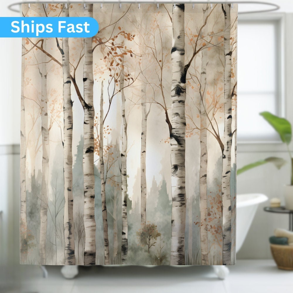 White Aspen Shower Curtain Forest Bathroom Decor Interior Design Luxury Water Resistant Accessory