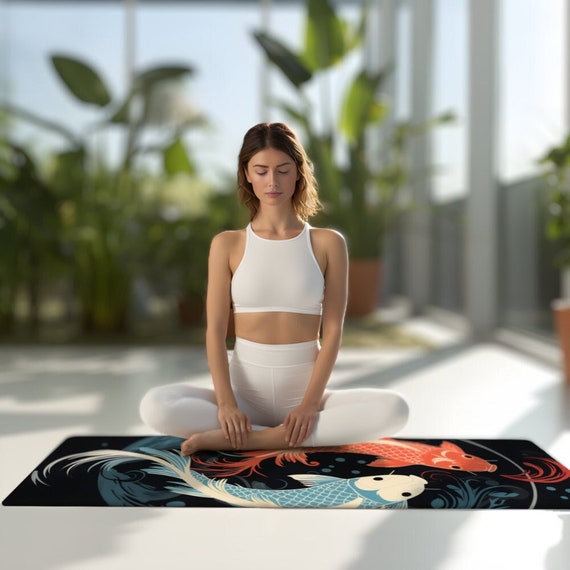 Koi Yin Yang  Rubber Yoga Mat Premium Microfiber Comfortable Thick Top Unique Design Nonslip Backing For Stretching and Fitness