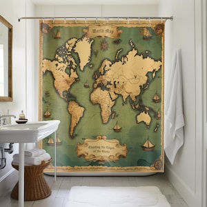 World Map Shower Curtain Atlas Geographic Home Decor Unique Vintage Bathroom Accessory