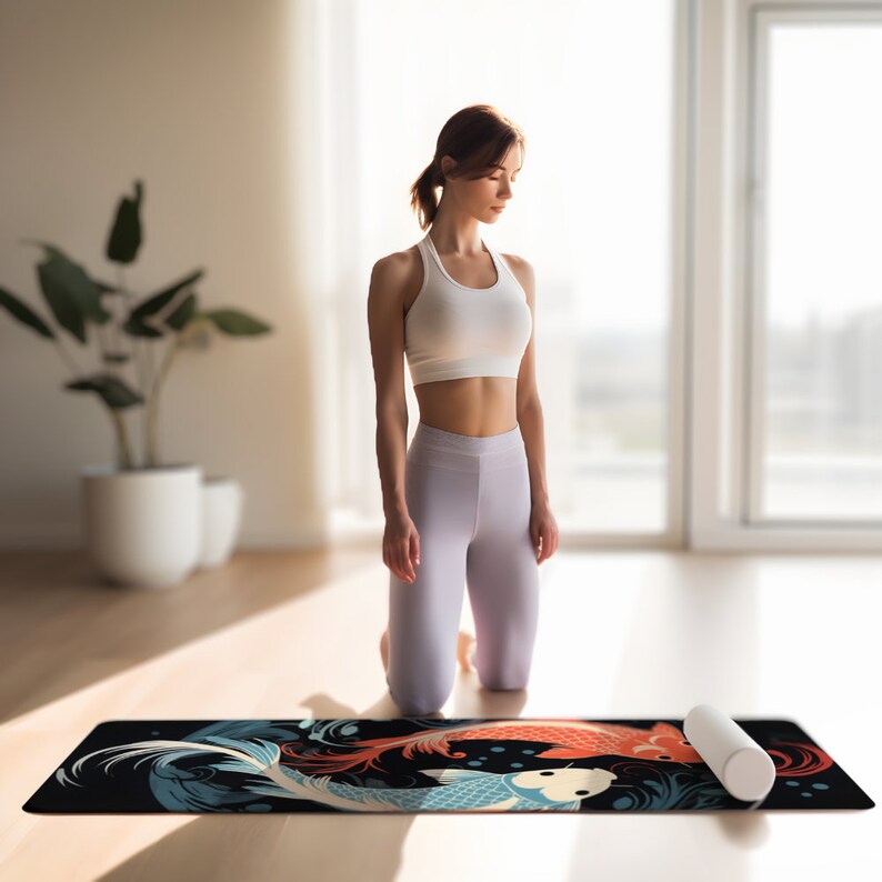 Pu&ograve; includere: Una donna con un top bianco senza maniche e leggings viola &egrave; inginocchiata su un tappetino da yoga nero con un design di pesci koi colorati. Il tappetino &egrave; arrotolato sul lato destro dell'immagine.