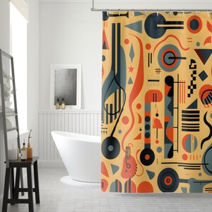 May include: A shower curtain with a geometric pattern in shades of orange, red, black, and gray on a yellow background.