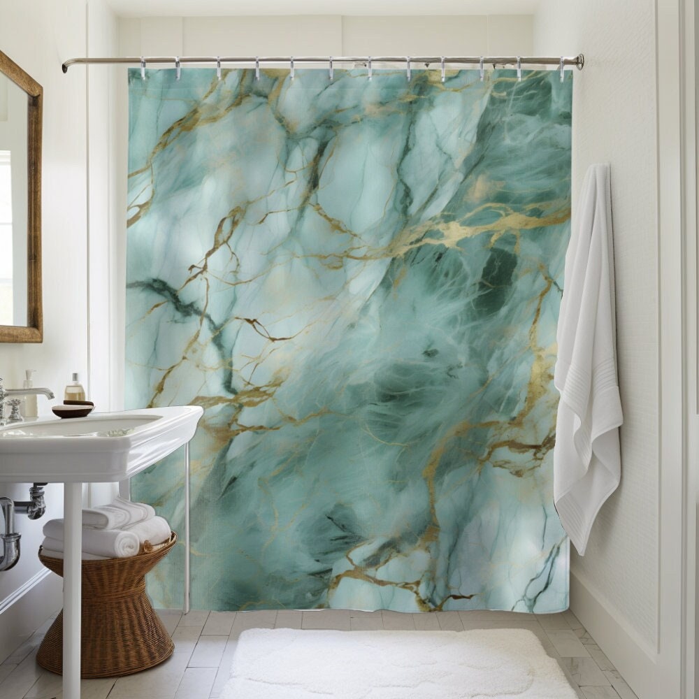 Jade Granite Shower Curtain: Modern Teal & Gold Bathroom Decor