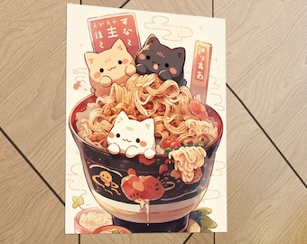 Ramen Cat Digital Download Vertical Posters Kitchen Decor Retro Cat Cute Gift Classic Vintage Aesthetic Wall Accessory Art Kawaii Poster