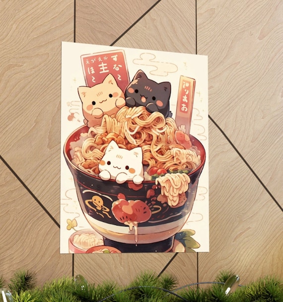 Ramen Cat Digital Download Vertical Posters Kitchen Decor Retro Cat Cute Gift Classic Vintage Aesthetic Wall Accessory Art Kawaii Poster