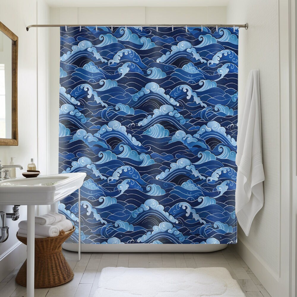 Tenda da doccia Blue Waves: design rilassante dell'oceano, 71 x 74 pollici