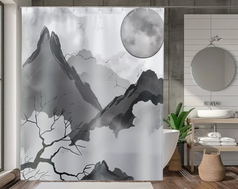 Duschvorhang mit japanischer Tintenlandschaft 180x180 cm Traditionelles Sumi-e Art Design Serene Badezimmerdekor Einfach zu hängendes Zen-Thema