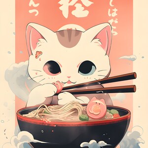 May include: A white cat with brown and gray markings is eating ramen noodles with chopsticks. The cat is sitting in front of a red background with Japanese characters that say "I eat" and "I am delicious".