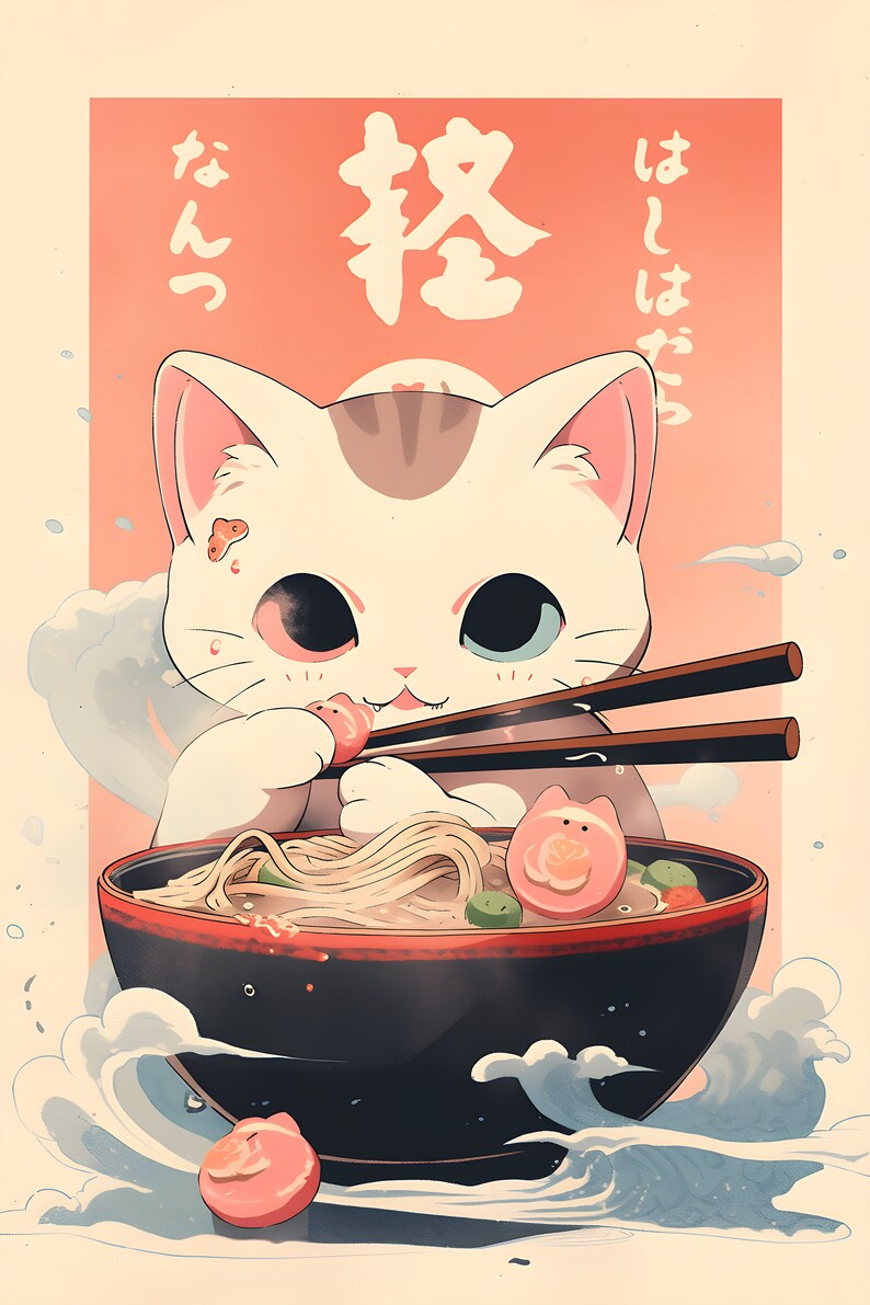 May include: A white cat with brown and gray markings is eating ramen noodles with chopsticks. The cat is sitting in front of a red background with Japanese characters that say "I eat" and "I am delicious".