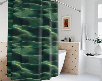 May include: A green and yellow shower curtain with a wavy, abstract pattern. The curtain is hanging in a bathroom with a white bathtub and tiled walls.