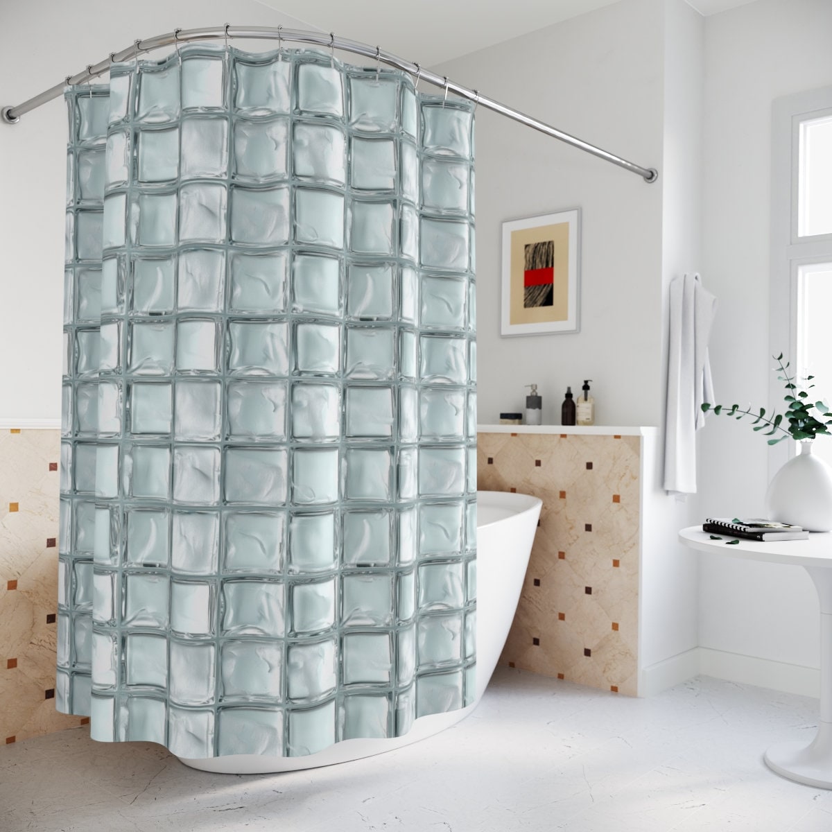 Glass Block Shower Curtain 71x74 Inch Modern Textured Design Sleek Bathroom Decor Easy to Hang Contemporary Urban Theme