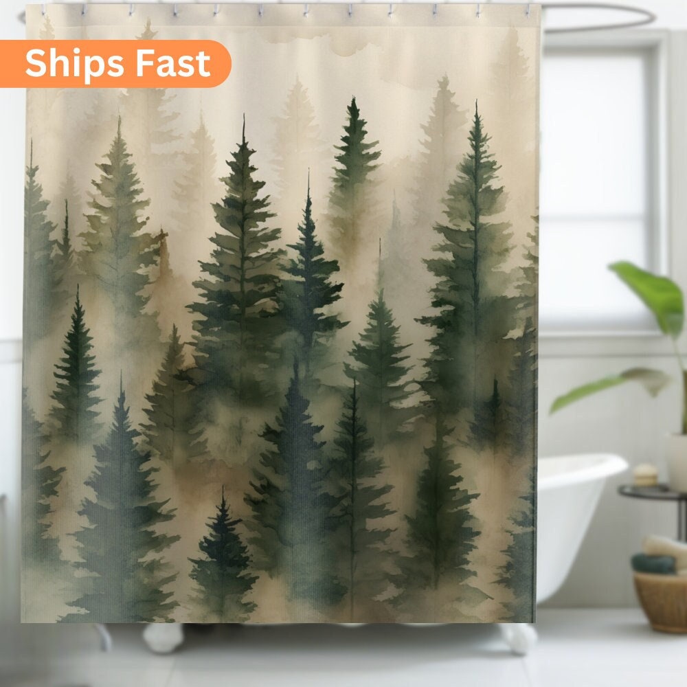 Douglas Fir Shower Curtain Foggy Forest Watercolor Bathroom Decor Artsy Background