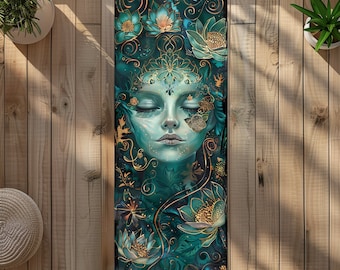 May include: A yoga mat with a green and gold design featuring a woman's face surrounded by flowers and vines.