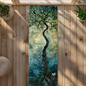 Serene Tree Yoga Mat Lush Leaf Pattern Eco-Friendly Microfiber Suede 24″ x 68&quot;